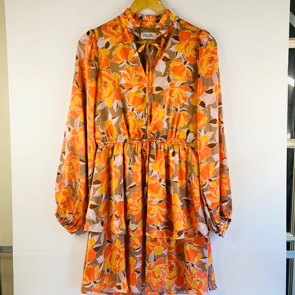 Romantic Cottagecore Orange yellow tan whimsy floral tiered flowy boho dress